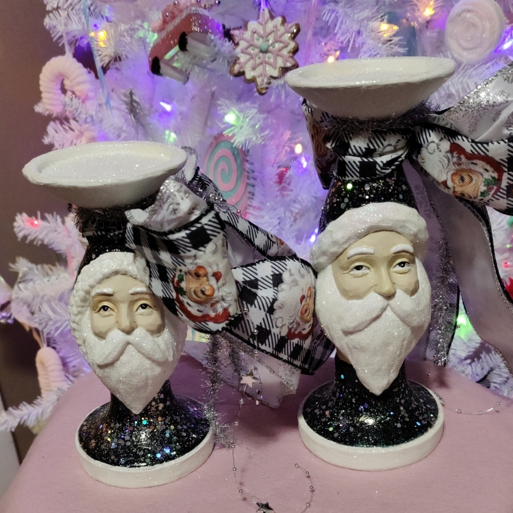 Santa Claus Candle Holders with Black and White Accents